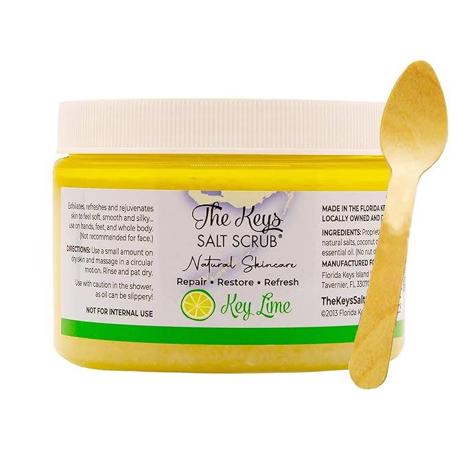 The Keys Salt Scrub -Sea Salt Scrub - Exfoliating Body Scrub with Wooden Spoon - Moisturizing Exfoliator for Hands, Foot, Bath, (12 Ounce (Pack of 1), Key Lime)