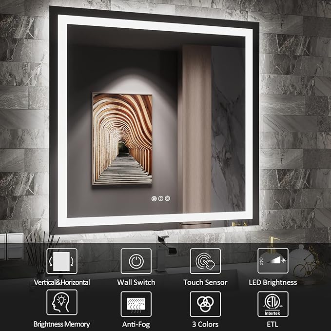 Amorho LED Bathroom Mirror 38'' X38'' with Front and Backlit, Stepless Dimmable Wall Mirrors with Anti-Fog, Shatter-Proof, Memory, 3 Colors, Double LED Vanity Mirror