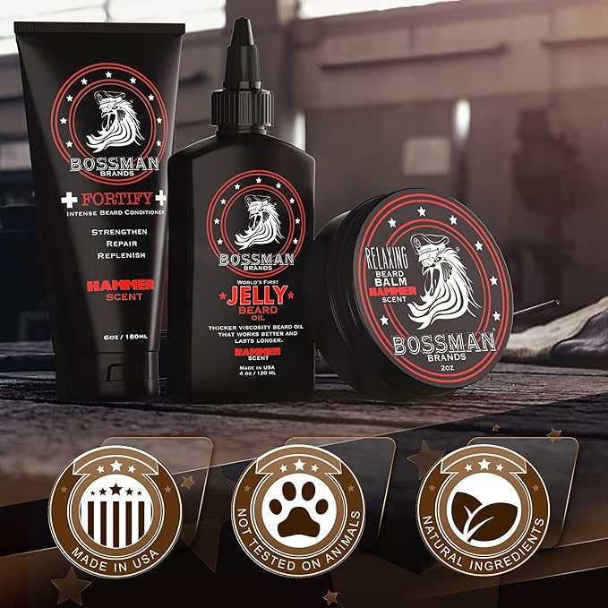 Bossman Essentials Beard Kit - Made in USA - Jelly Beard Oil - Conditioner - Beard Balm - Natural Ingredients (Hammer Scent)