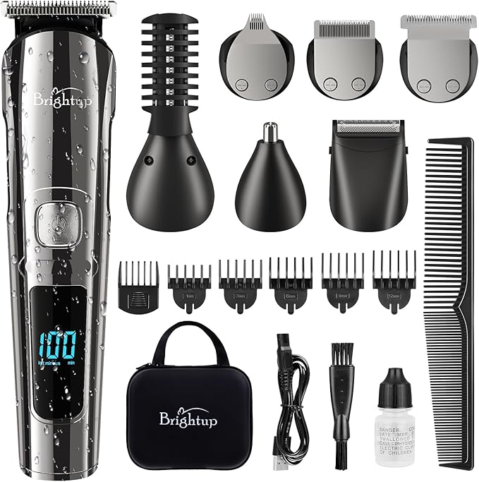 Brightup Beard Trimmer for Men with Travel Case- Electric Razor & Shaver, Cordless Hair Clippers Trimmers Set, IPX7 Waterproof Mens Grooming Kit for Face, Mustache, Body, Ear, Nose Hair Trimmer
