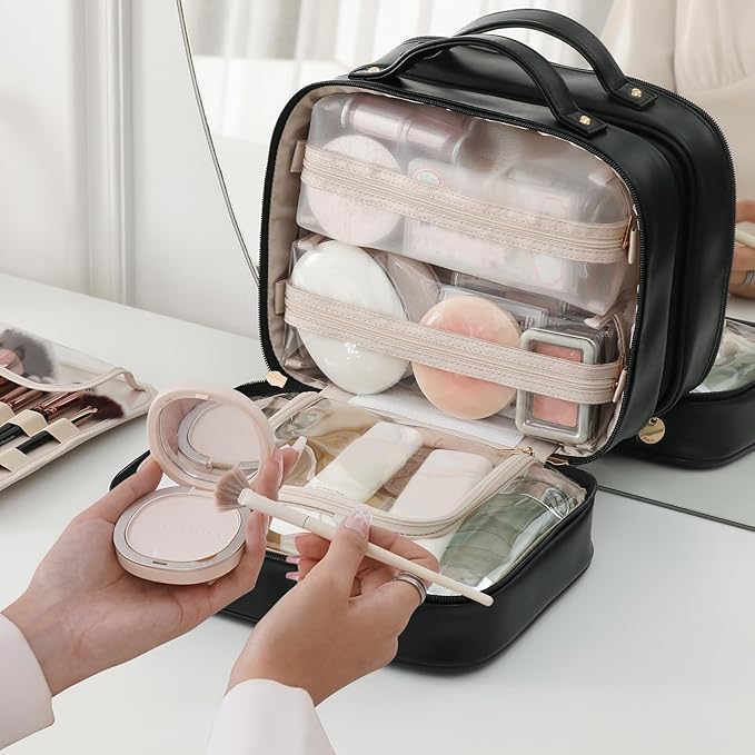 RIGHT AWAY Travel Toiletry Bag for Women, Makeup Bag& Cases, Waterproof Makeup Organizer Cosmetic Bag with Compartments,Portable Make Up Bag for Travel Size Toiletries,Skincare,Brushes Set,Black