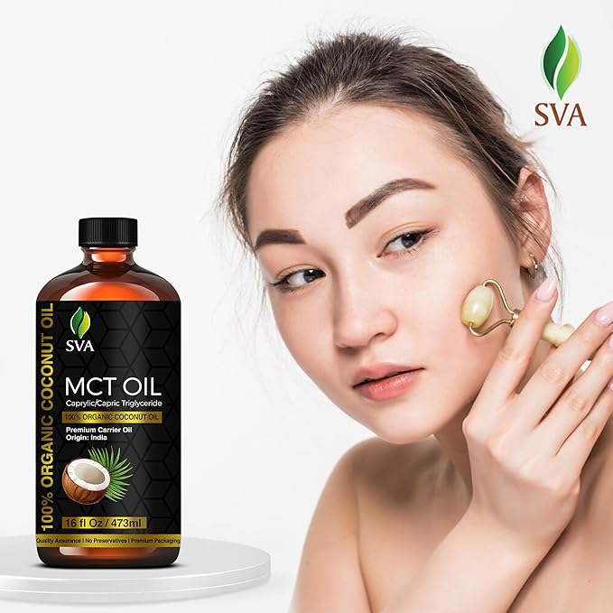 SVA MCT Oil Organic - 16 Fl Oz – 100% Natural Cold Pressed Organic MCT Oil - for Face, Skin Care, Hair Care, Scalp Massage & Body Massage – Carrier Oil