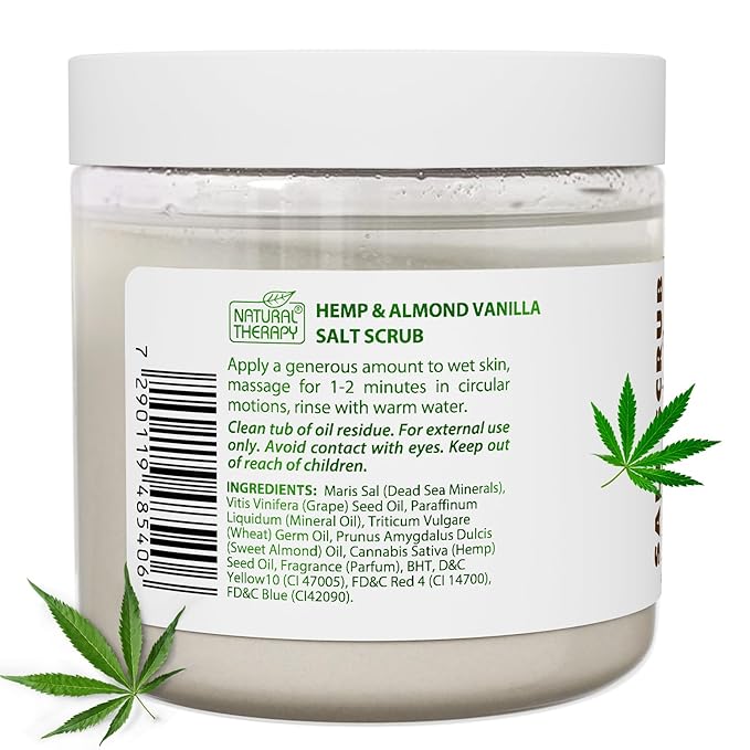 Natural Therapy Hemp & Almond Vanilla Salt Scrub – Exfoliating Body Scrub for Women – Moisturizing and Nourishing Skin – with Pure Oils and Dead Sea Minerals (23.28 Oz)