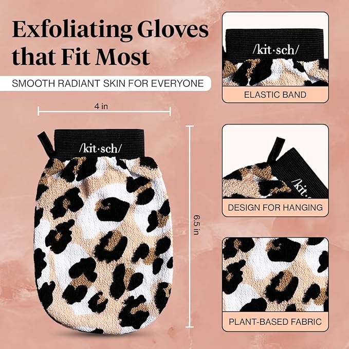 Kitsch Exfoliating Glove – Korean Exfoliating Mitt & Deep Exfoliating Body Scrubber for Shower, Bath | Body Exfoliator, Dead Skin Remover | Skin Care for Smooth, Renewed Skin - 1pc, Leopard