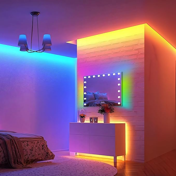 FENCHILIN RGB LED Vanity Mirror with Front Light and RGB Backlit Lighted Hollywood Makeup Mirror with 18 Dimmable Bulbs Smart Touch for Bedroom (32"x23") White