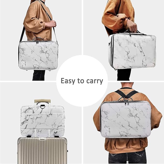 JOURMON Travel Makeup Case Portable Makeup Train Case Organizer Cosmetic Bag with Adjustable Dividers and Shoulder Strap for Makeup Brushes Toiletry Travel Accessories(Marble White Black, L)