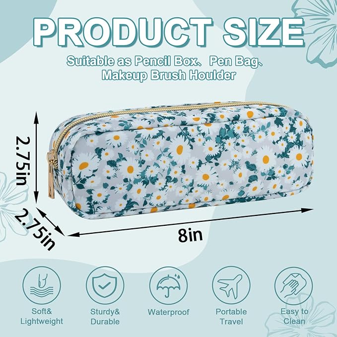 Waterproof Small Floral Pencil Case Makeup Bag for Purse,Cute Flower Pencil Pouch Preppy Nylon Makeup Brush Holder with Zipper,Girls Portable Storage Case for Work(Slim Green-Daisy)