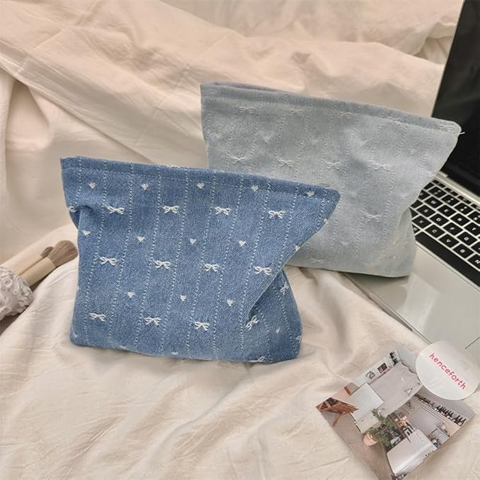 PAZIMIIK Makeup Bag Large Cotton Zipper Pouch for Purse Travel Canvas Make Up Organizer for Women Cosmetic,Jean Blue