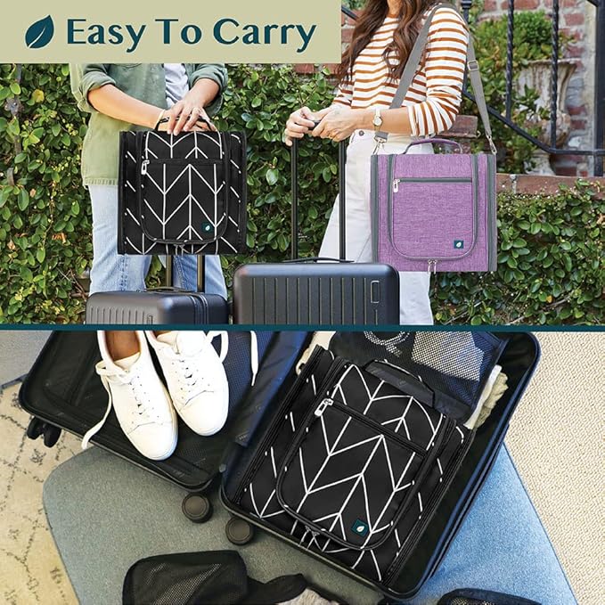 PAVILIA Extra Large Toiletry Bag Travel Bag for Women Men, Hanging Cosmetic Organizer, Water Resistant Makeup Bag for Accessories Toiletries, Travel Essentials Kit (Black Chevron)