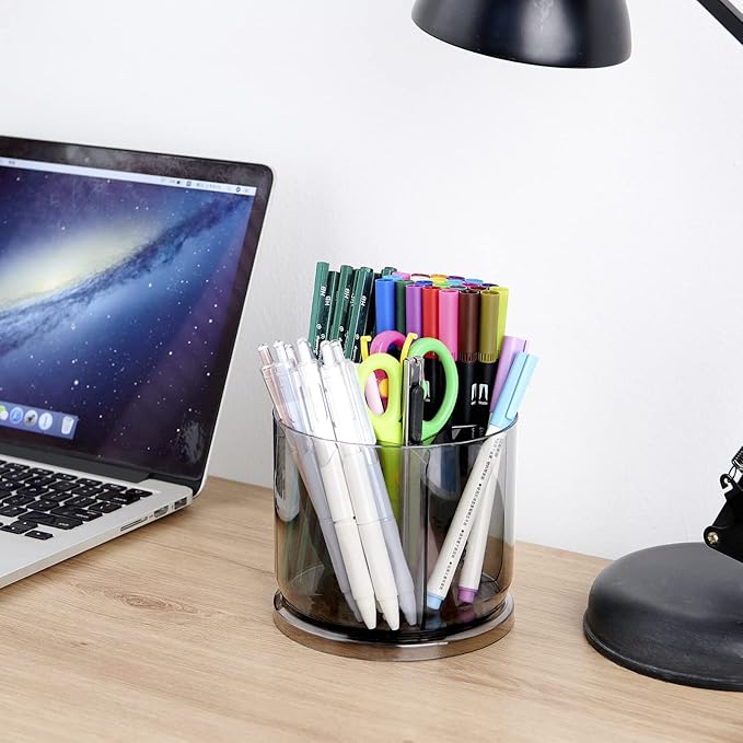 Makeup Brush Holder Organizer -Rotating 360° Clear Storage Cup Containers for Vanity, Desk, Countertop, Spinning Pen Holder for Desk, Round Make up Brush Stand with 5 Slots, for Cosmestics (Grey)