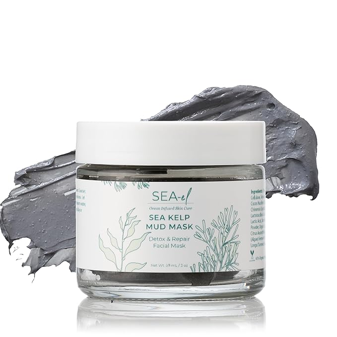 Sea-el Sea Kelp Mud Face Mask Skincare Activated Charcoal & Bentonite Clay Detox & Repair Facial Mask Calming Hydration Boost - Turmeric & Aloe Daily Glow Essentials for Women & Men - 2oz
