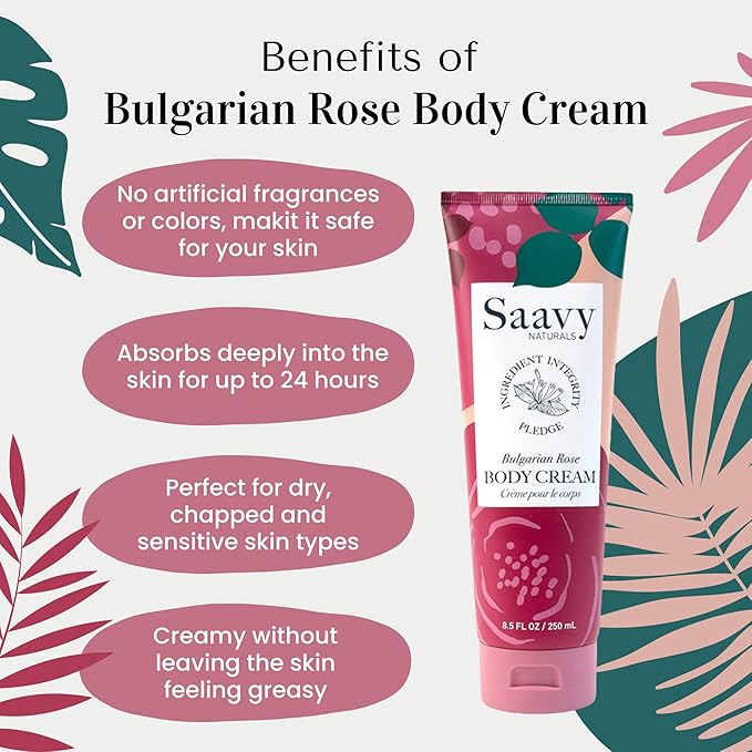 Saavy Naturals Body Cream Clean,Plant Based Ingredients - Made in USA 2 pack Bulgarian Rose Body Lotion Absorbent Shea Butter Thick and Creamy, Naturally Scented Body Lotion for Dry Skin, 8.5 Oz.