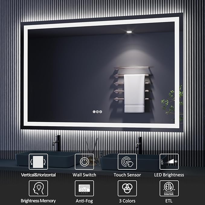 Amorho LED Bathroom Mirror 68" X38" with Front and Backlight, Stepless Dimmable Wall Mirrors with Anti-Fog, Shatter-Proof, Memory, 3 Colors, Double LED Vanity Mirror