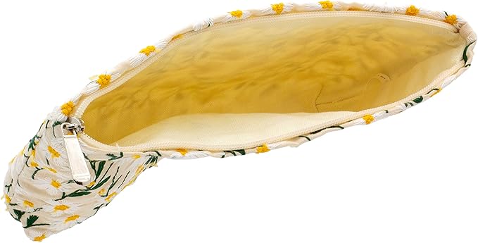 Makeup Bags for Purse Zipper Cosmetic Pouch Large Travel Canvas Make Up Organizer Tool Pouch for Women and Girls,Daisy White