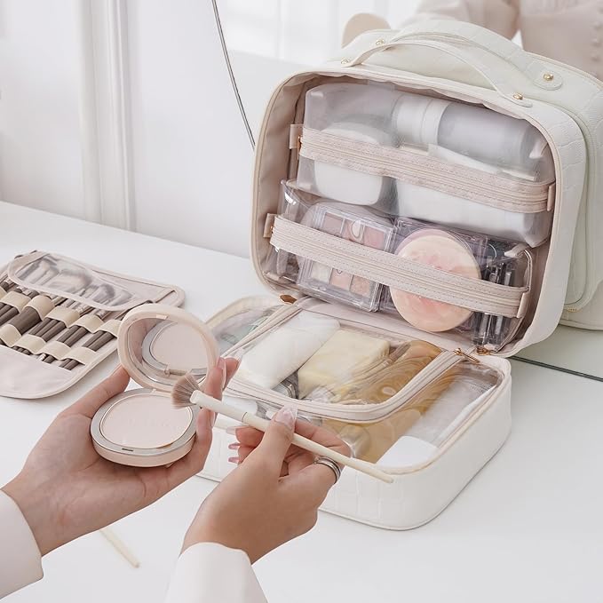 RIGHT AWAY Travel Toiletry Bag for Women, Waterproof Makeup Bag&Case, Portable Cosmetic Organizer Checkered Make up Bag for Full Sized Toiletries，Cosmetics and Travel-Size Accessories,White Checkered