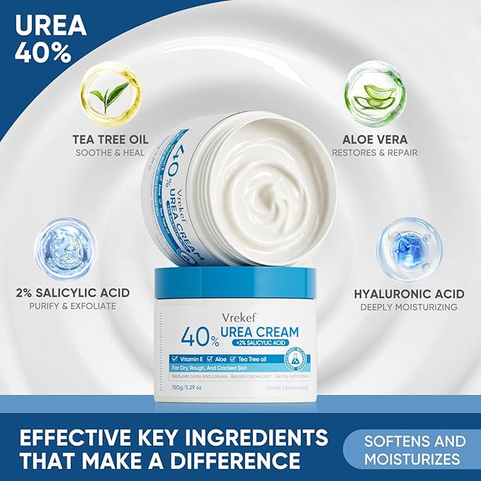 Urea Cream 40% Plus Salicylic Acid 2%, Urea Cream 40 Percent for Feet Maximum Strength, Foot Cream for Dry Heels Cracked