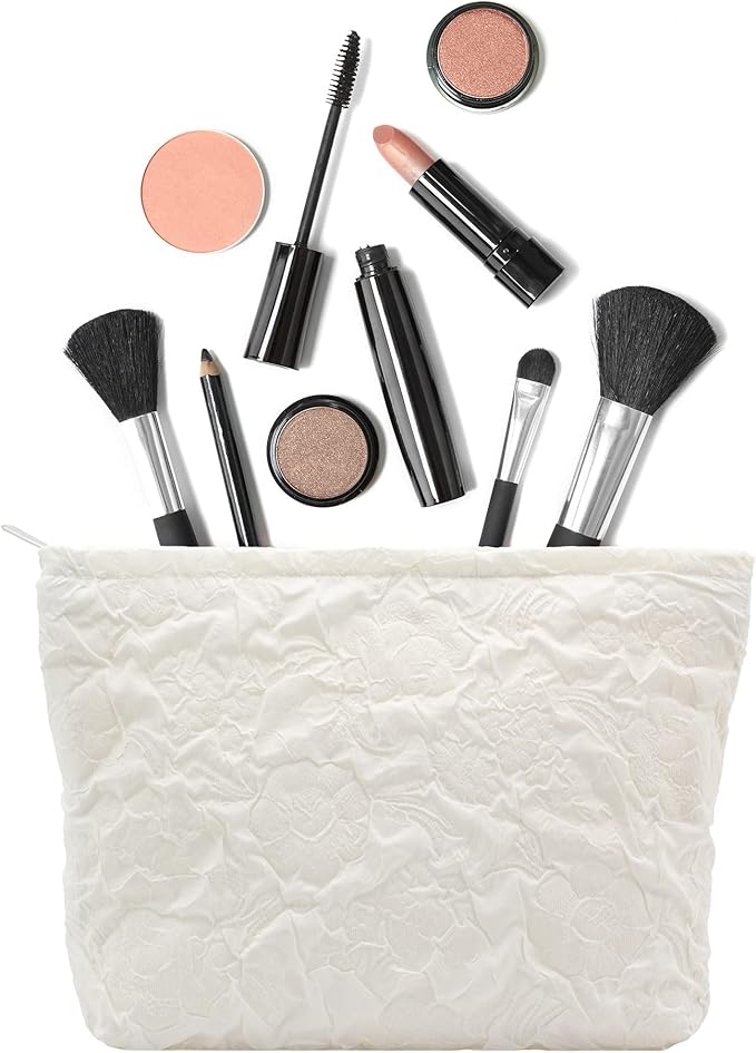 Makeup Bags for Purse Zipper Cosmetic Pouch Large Travel Canvas Make Up Organizer Tool Pouch for Women and Girls,Flower Ivory