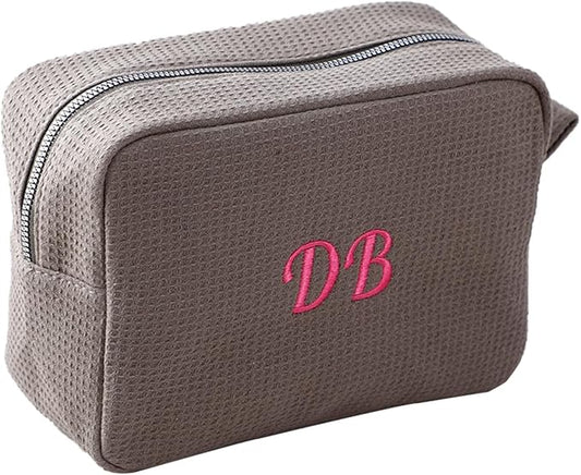 Personalized Embroidered Makeup Bag,Custom Waffle Fabric Cosmetic Pouch for Women, Travel Makeup Pouch (1, Gray)