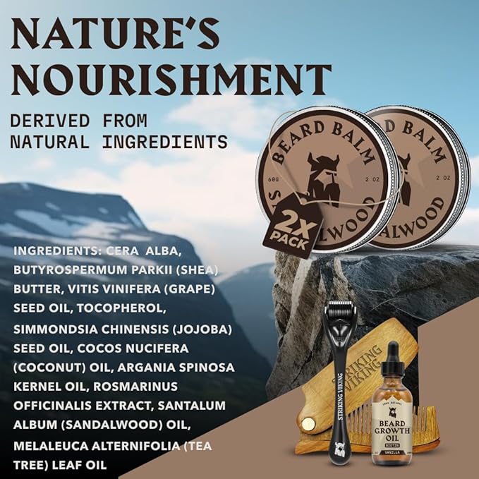 Striking Viking Beard Balm - 2 oz, Pack of 2, Sandalwood Scent - Light Hold Beard Conditioner & Softener With Shea Butter, Jojoba & Argan Oils - Tea Tree Oil Moisturizer & Natural Care
