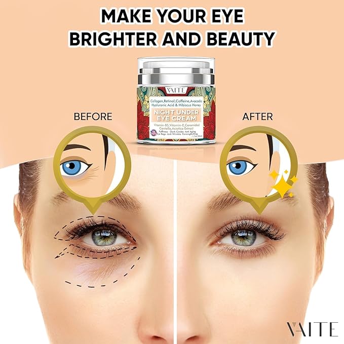 Under Eye Cream with Collagen, Retinol, Caffeine, Avacado Hyaluronic Acid & Hibiscus Honey for Night and Day with Vitamin B5, E for Puffiness Circles Anti Aging Eye Bags and Anti Wrinkle