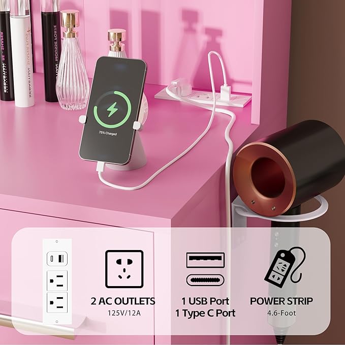 Furmax Vanity Desk with Mirror, LED Lights and Power Outlet Makeup Vanity Table with 7 Drawers and 6 Storage Shelves Dressing Table for Bedroom Dressing Room (Pink)