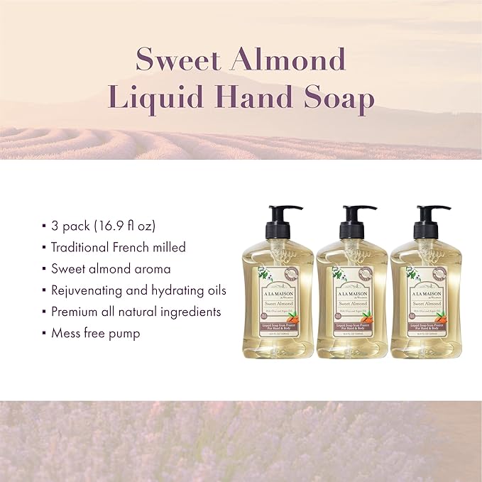 A LA MAISON French Liquid Hand Soap, Almond - Natural Hand Wash Made with Essential Oils - Biodegradable, Plant-Based, Vegan, Cruelty-Free, Alcohol & Paraben Free (16.9 oz, 3 Pack)