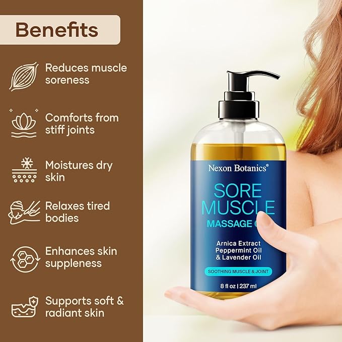 Sore Muscle Massage Oil for Massage Therapy 8 fl oz - Refreshing and Relaxing - Natural Oils with Arnica, Peppermint and Lavender Oil - for Men and Women - Nexon Botanics
