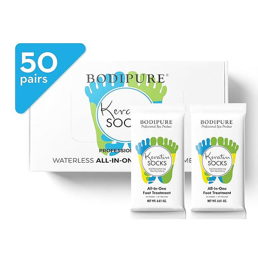 Bodipure All-In-1 Moisturizing Foot Mask | Keratin & Vitamin E Foot Mask for Dry Cracked Feet, Callus & Heel Softening | Easy-to-Use Pedicure Foot Repair | Chemical-free Feet Treatment | 50 Pairs