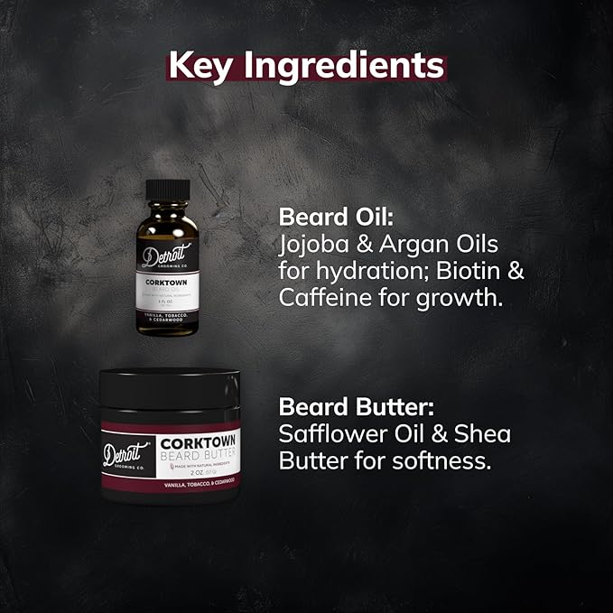 Detroit Grooming Co. Beard Oil & Beard Butter Bundle – Corktown (Vanilla, Tobacco & Cedarwood Scent) – Beard Hydration Set with Vitamin E & Sunflower Oil