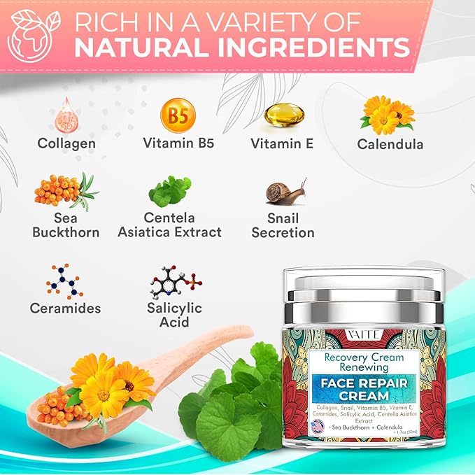 VAITE Face Moisturizer Remedy Skin Repair Cream with Snail, Salicylic Acid, Vitamin B5, Vitamin E, Collagen, and Ceramides for Men and Women Anti-aging Anti-wrinkle Made in USA Night and Day