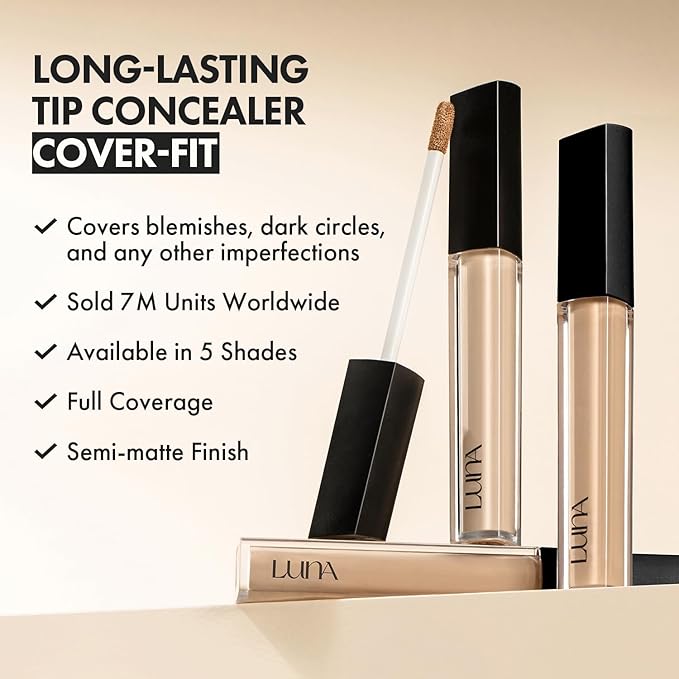 LUNA Long-Lasting Tip Concealer Cover-Fit (#0.5 Proclein) Full Coverage, for Under Eye Dark Circles, Fine Lines, Redness & Discoloration, Korean Makeup 0.26 Fl Oz