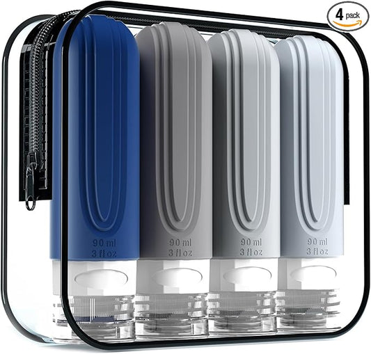 Travel Bottles for Toiletries, Tsa Approved 3oz Travel Size Containers BPA Free Leak Proof Refillable Liquid Silicone Squeezable Travel Accessories for Shampoo Conditioner Lotion (4 Pack)…
