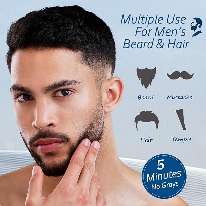 Men's Beard Dye for Men in 5 Minutes, Black Beard Dye Shampoo for Mustache 100% Gray Coverage, Root Touch Up, 3 in 1 Simpler Hair Color for Men, Long Lasting Black Dye Shampoo for Facial Hair, 200 ml