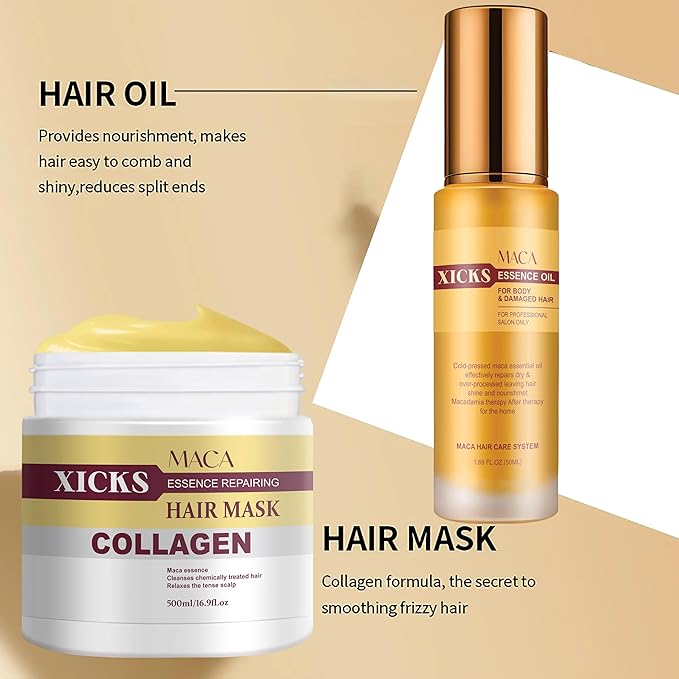 Professional Hair Treatment Set with Caviar Peptide Volumizing Shampoo, Maca Collagen Repair Mask and Maca Essence Oil -Dandruff Treatment，Controls Oil, Soothes Scalp for Dry Damaged All Hair Types