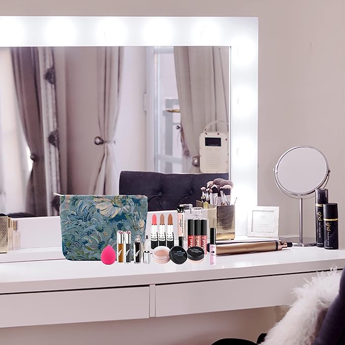 Makeup Bags for Purse Zipper Cosmetic Pouch Large Travel Canvas Make Up Organizer Tool Pouch for Women and Girls,Flower Blue