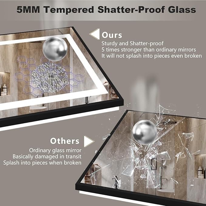 OKPAL 44x32 LED Bathroom Mirror, Lighted Bathroom Mirror with Black Frame, Lighted Vantiy Mirror for Bathroom, Defogger, Dimmable, Shatterproof, Memory, ETL Listed (Front Light and Backlit)