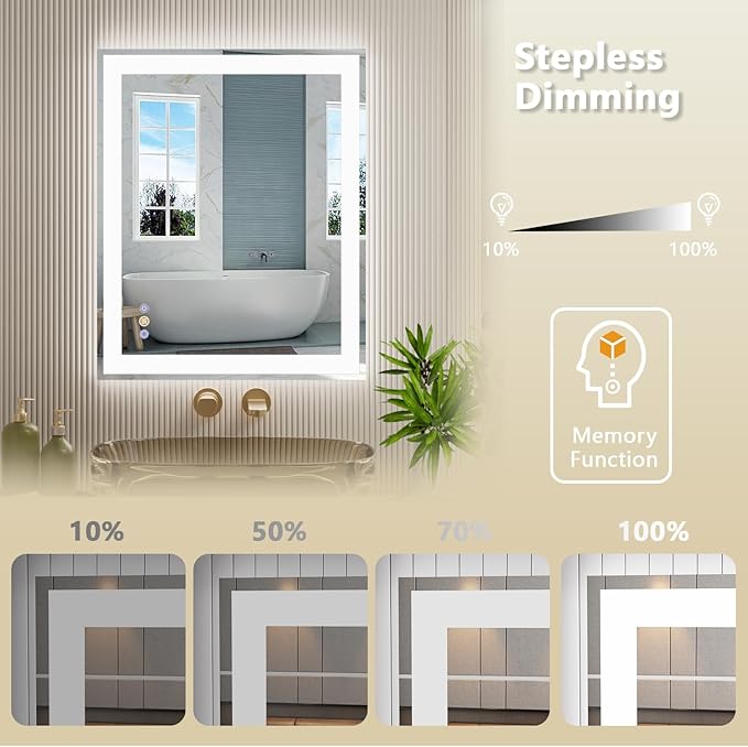 32"x 40" LED Bathroom Mirror, 3 Colors Vanity Mirror with Lights, Front and Backlit Bathroom Mirror with Lights, LED Smart Mirror for Wall, Tempered Glass, Anti-Fog, Stepless Dimmable, Memory(UL ETL)