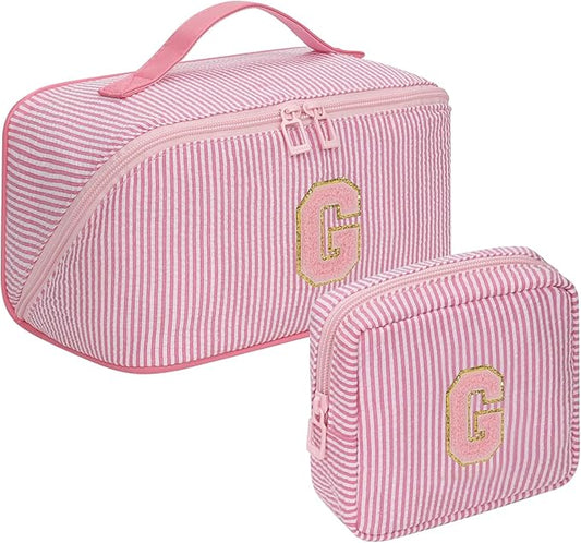 Travel Makeup Bag for Women, 2Pcs Portable Personalized Initial Makeup Organizer Bag, Open Flat Large Cosmetic Bag With Travel Essential Pouch (Pink Letter G)