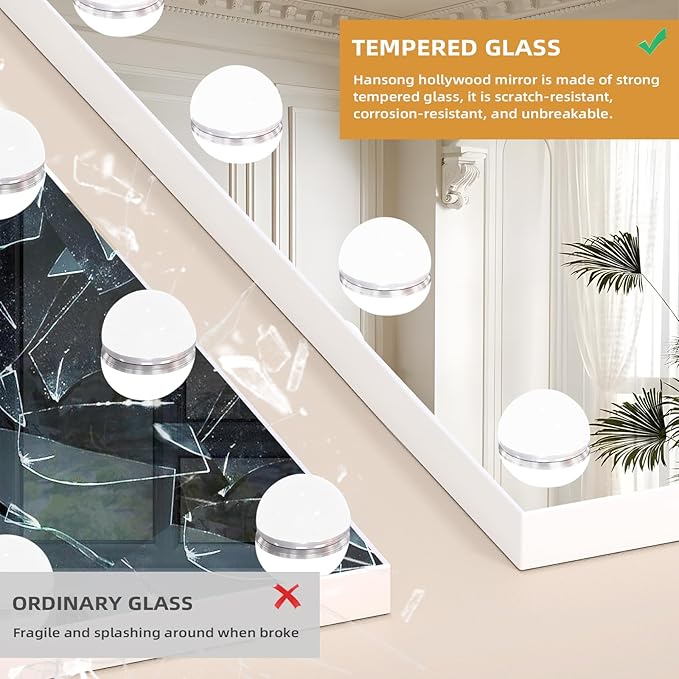 Hansong Vanity Mirror with Lights and Bluetooth Extra Large Hollywood Makeup Mirror with 18 pcs LED Bulbs Lighted Mirror with USB Charging,3 Color Lighting Modes Tabletop or Wall Mount