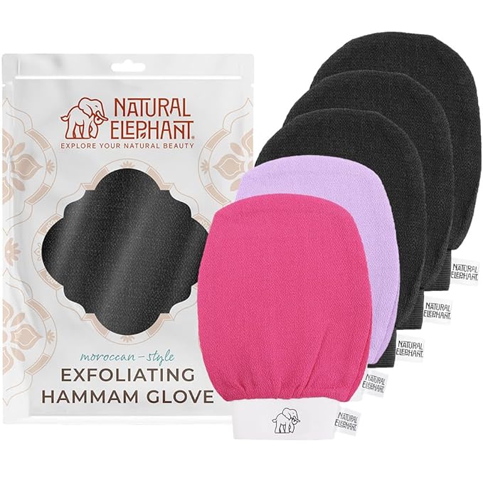 Natural Elephant Exfoliating Hammam Glove - Face and Body Exfoliator Mitt 5 and 10 Packs (3 Black, 1 Pink, 1 Lilac (Pack of 5))