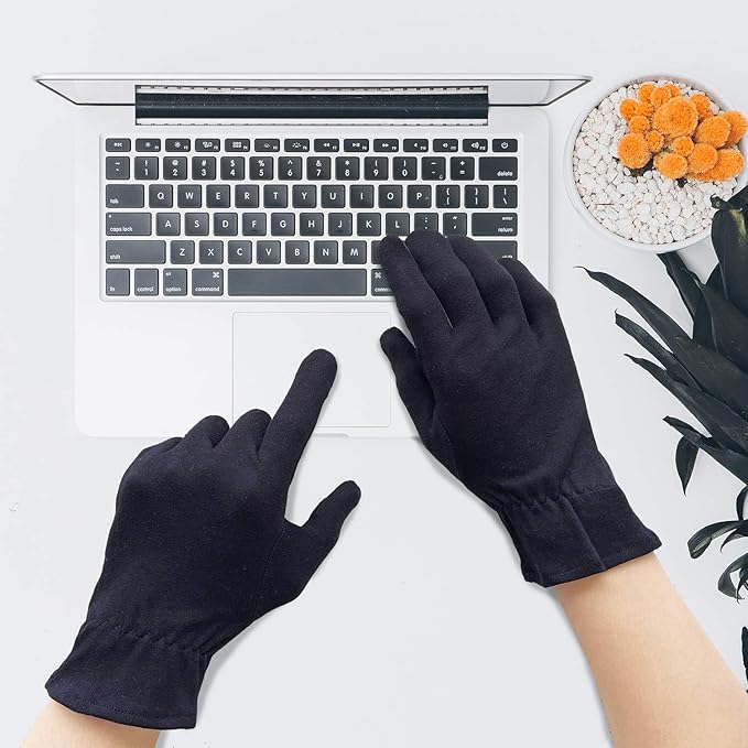 Evridwear 100% Cotton Touchscreen Moisturizing Beauty Gloves with Elastic Cuff, Natural Cosmetic Therapy Gloves for Eczema SPA Dry Hands Care Overnight (Black, Medium) 5 Pairs