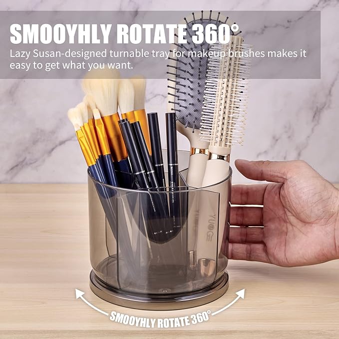 Makeup Brush Holder Organizer -Rotating 360° Clear Storage Cup Containers for Vanity, Desk, Countertop, Spinning Pen Holder for Desk, Round Make up Brush Stand with 5 Slots, for Cosmestics (Grey)
