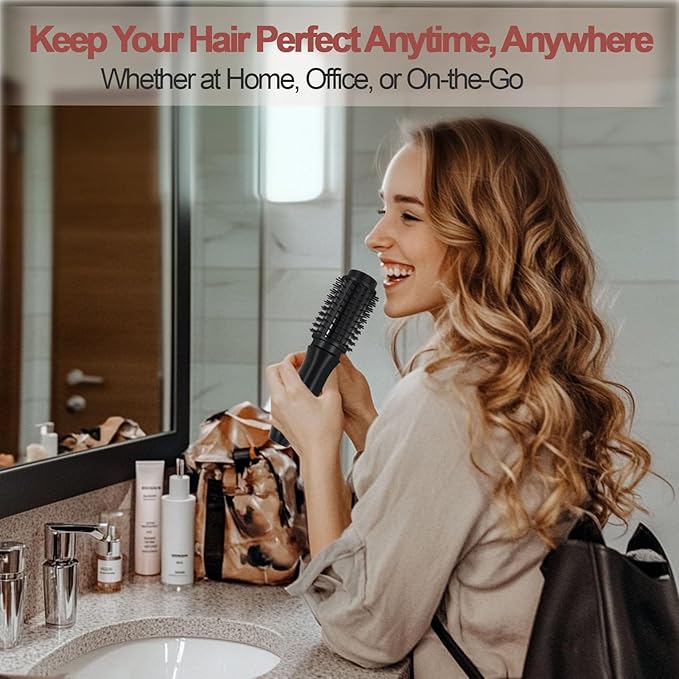 Cordless Hair Curling Iron Brush, Mini Travel Hot Straightener Comb, 3-In-1 Portable Wave Curling Wand, 1.5″ Ionic Heated Brush, USB Rechargeable Hair Curler, All Black –No Automatic Rotation