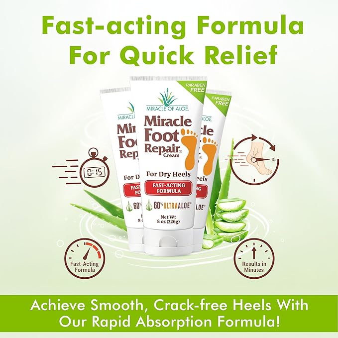 Miracle Foot Repair Cream (8 oz) Repairs Dry Cracked Heels and Feet, 60% Pure UltraAloe Moisturizes, Softens, and Repairs