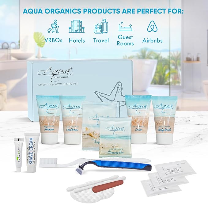 Aqua Organics Amenity & Accessory Kit|1oz Travel Size Shampoo,Conditioner,Lotion,Body Wash,Body Bar, Cleansing Bar, Shave & Dental Sets, Make-Up Remover Wipes & Vanity Kit|60 sets