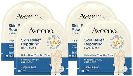 Aveeno Skin Relief Repairing Hand Mask, Moisturizing Gloves with Prebiotic Oat & Shea Butter for Very Dry Skin, Hand Care for Sensitive Skin, Fragrance-Free, 1 Pair of Single-Use Gloves (Pack of 4)