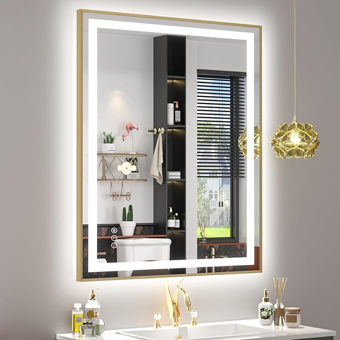 OKPAL 30x36 Gold LED Bathroom Mirror with Lights, Frontlit & Backlit Metal Framed Mirror, Lighted Bathroom Vanity Mirror, Anti-Fog, Dimmable 3 Colors, Shatterproof, Horizontal/Vertical