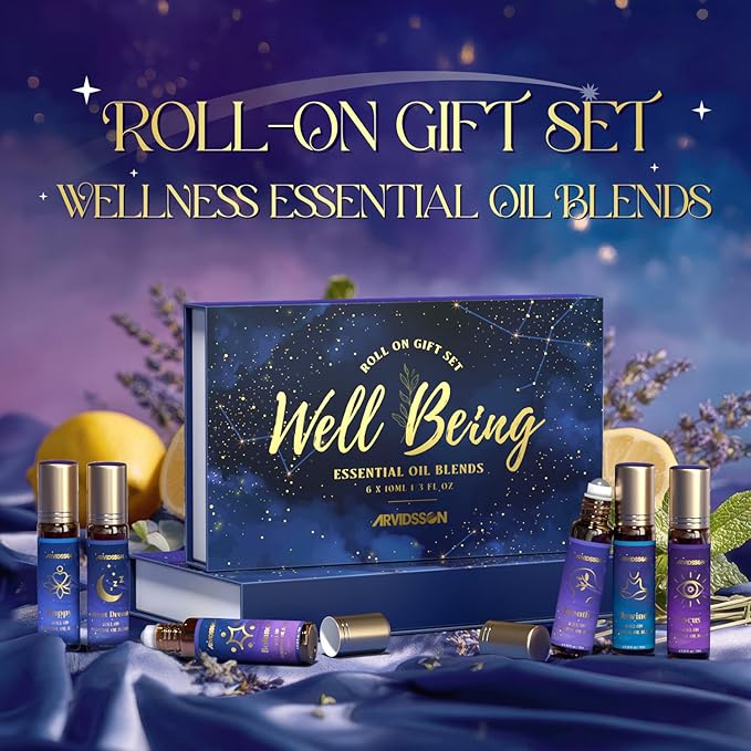 Essential Oils Roll On Set, Natural Aromatherapy Oil Roller for Body, Skin, Massage, Essential Oil Blends - Sweet Dream, Unwind, Breahte, Balance, Focus, Happy, Gifts for Women