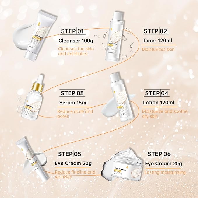 Rice Skin Care Sets For Women, 5/6Pcs Skin Care Kit, Moisturizing Skin Care Gift Set , Face Care Kit Inclusde Rice Mask, Cleanser, Toner, Lotion, Eyecream, Face Serum (5pcs Rice Raw Pulp)