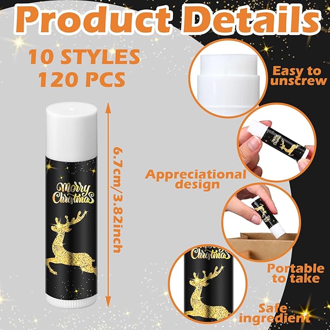 48 Pcs Lip Balm Bulk Gift Christmas Black Gold Lip Balms Christmas Lips Care Products, Lip Moisturizer Treatment for Christmas Stocking Stuffers, Appreciation Gifts for Women Girls Employee